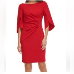 Dkny Red Sheath Dress with Dolman Sleeves and Square Neck